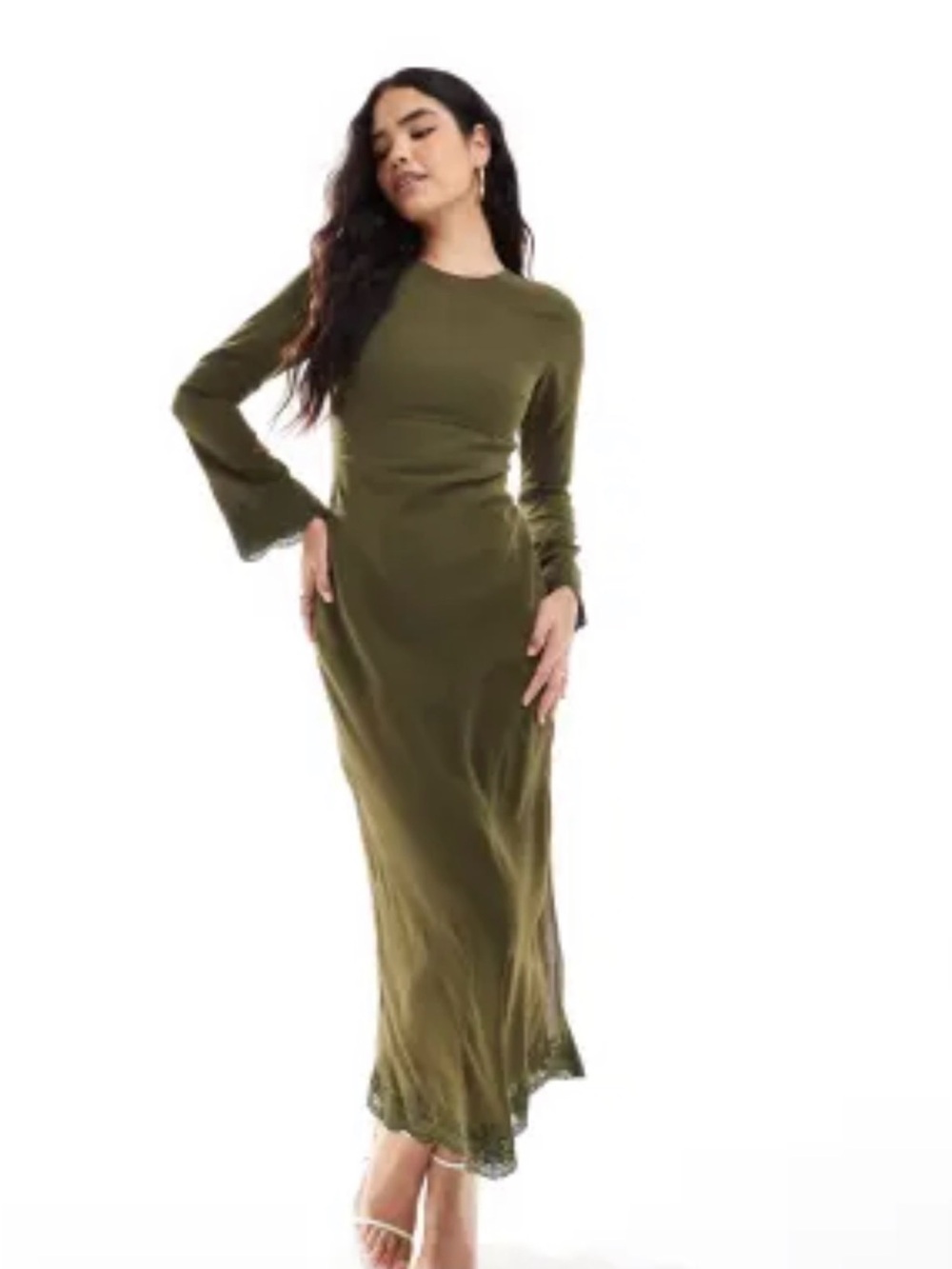 ASOS Olive Green Long-Sleeve Maxi Dress with Lace Trim